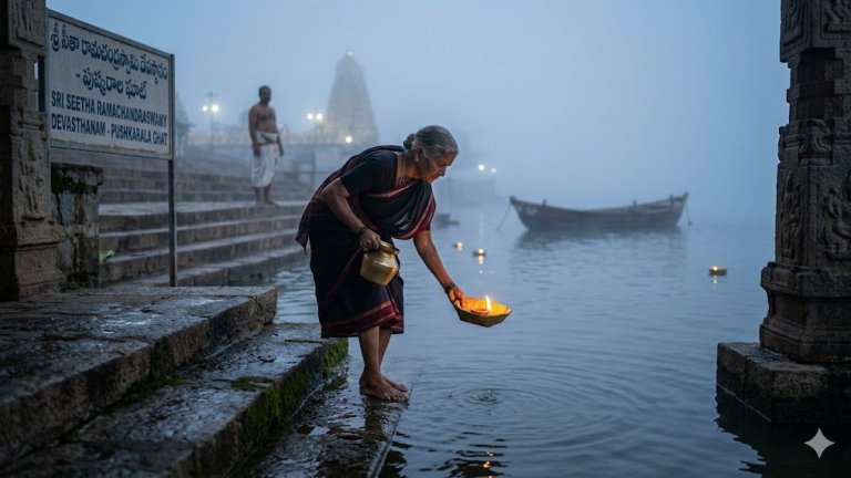 Bhadrachalam Sri Sita Ramachandra Swamy Pushkar Ghat at misty dawn