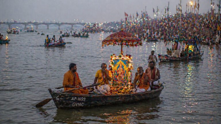 Deity procession boat at the Antarvedi sangam