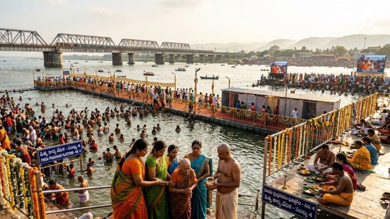 Family performing Pitru Tarpanam at Gowthami Ghat platform